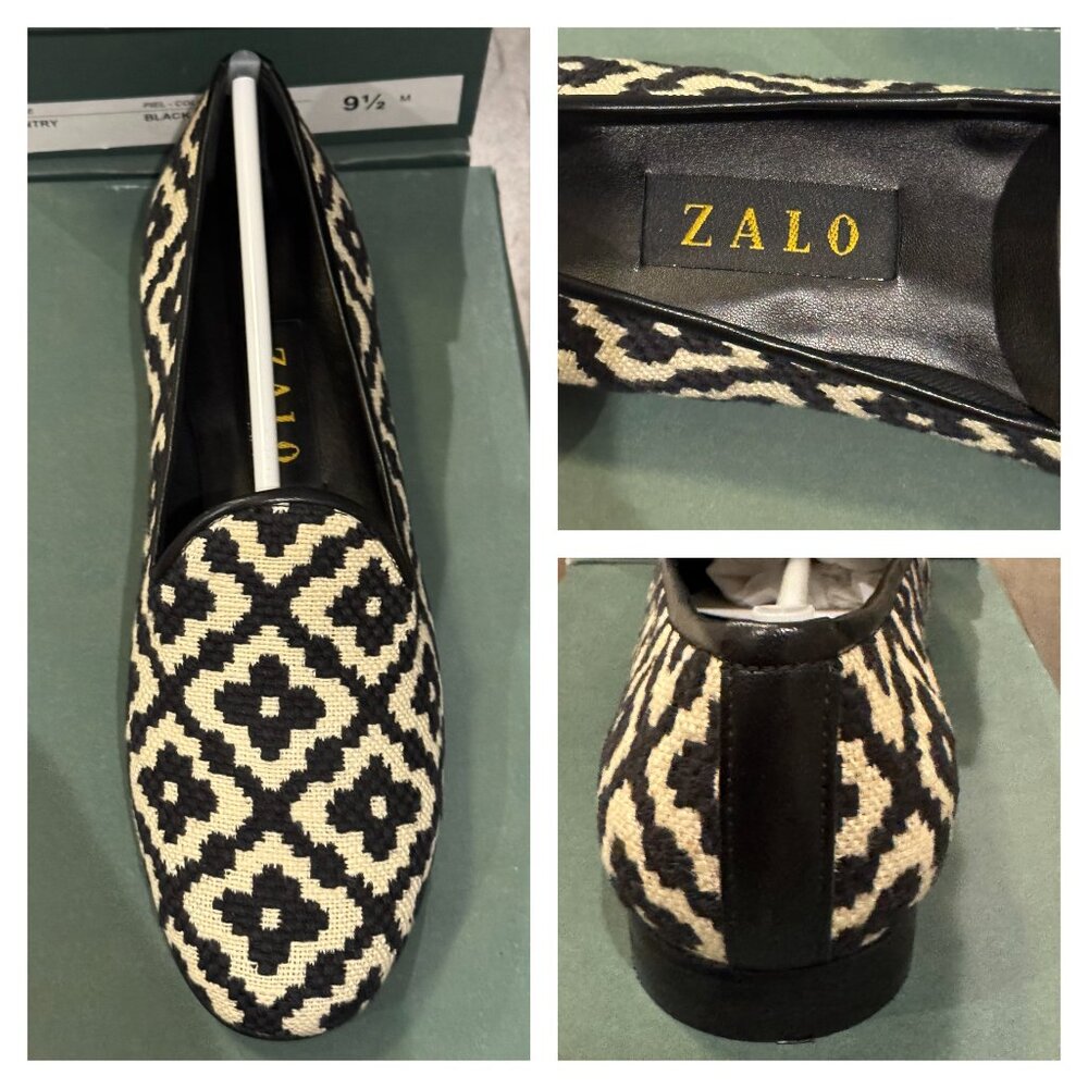 Zalo Gentry Paris Black White Stitched Slip on Loafer Geometric Needlepoint NEW